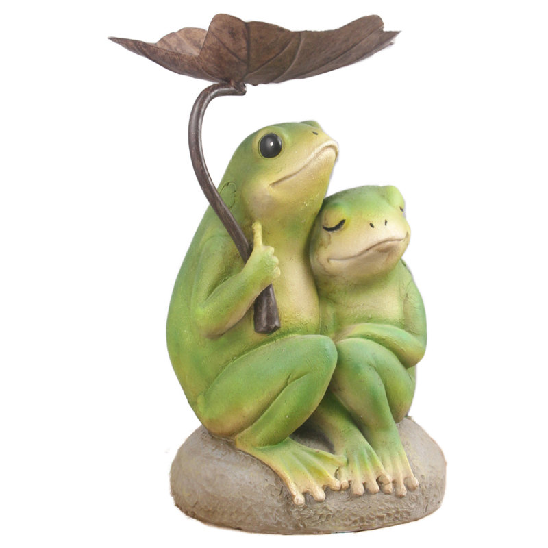 Green and Gray Resin Frog Couple Garden Statue with Leaf Umbrella