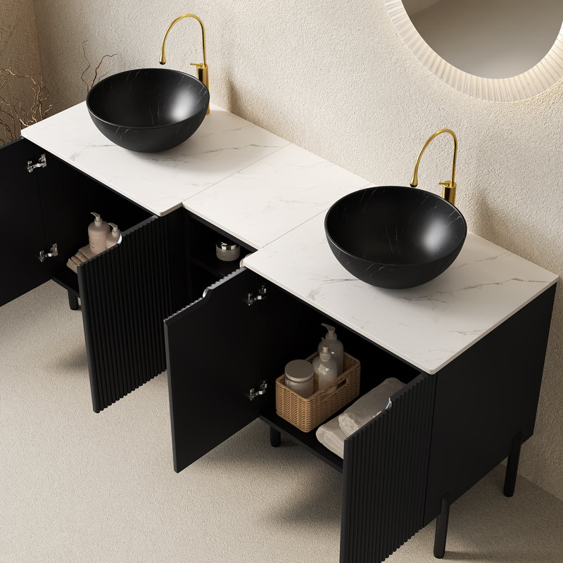 Meuble-lavabo double autoportant de 60 po avec lavabos TURIO, 2 armoires de rangement rayées de 24 po + tablette ouverte amovible de 12 po, 2 vasques noires en pierre avec comptoir Carrara blanc, noir