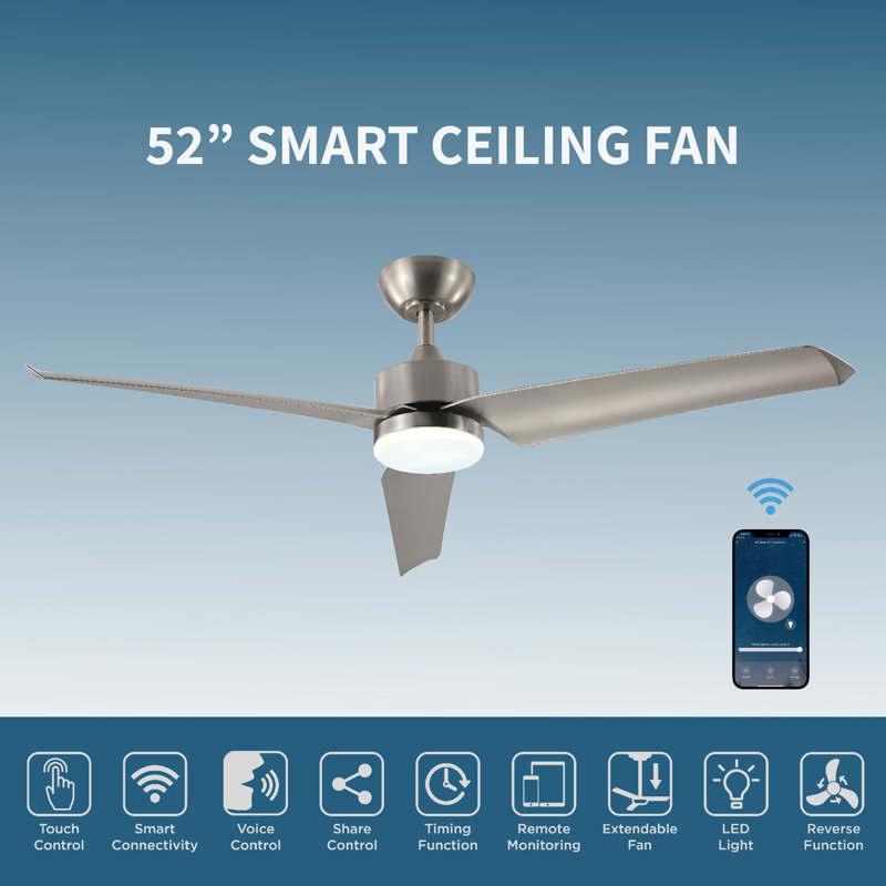 ONE Smart Modern All Season 52" Ceiling Fan with LED Light, Remote, Reversible and Compatible with Alexa/Google 6 Speeds and Light Kit included
