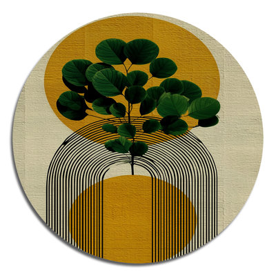 Vert et jaune plante géométrique bohémienne - Abstrait art mural rond de style Mid-Century