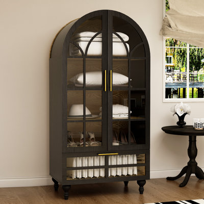 Vintage Arched Display Cabinet With Glass Doors, 71" Tall Storage Cabinet With Adjustable Shelves & Large Drawer, MDF Wood Curio Cabinet For Living Ro