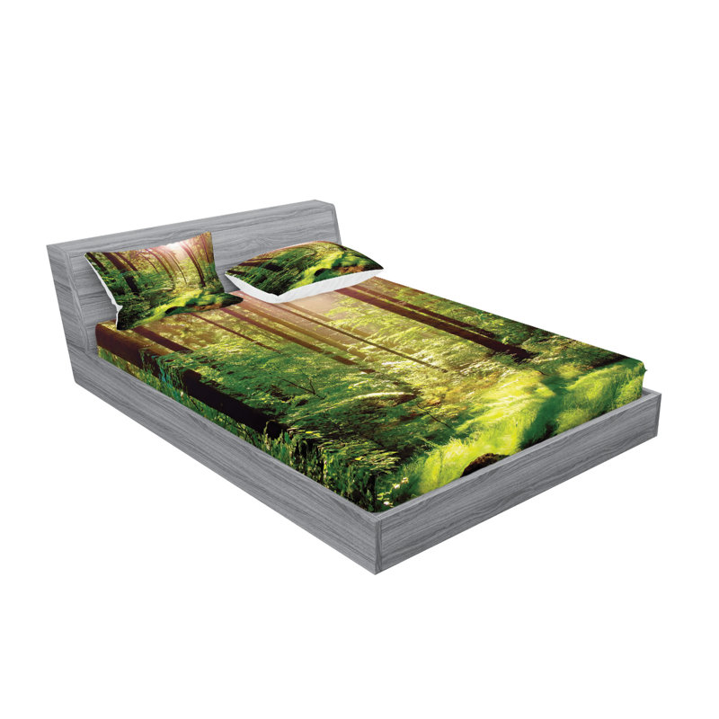 Drap-housse et coussin décoratif Ambesonne Forest, vert / brun, Ensemble de draps pour lit double + 4 taies d'orei