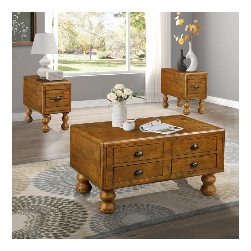 Ensemble de table basse rectangulaire, ensemble de table de salon en bois massif 3 pièces, 1 table basse et 2 tables de bout, ensemble de table basse en bois avec pieds décoratifs à rivets, assemblage facile, brun antique