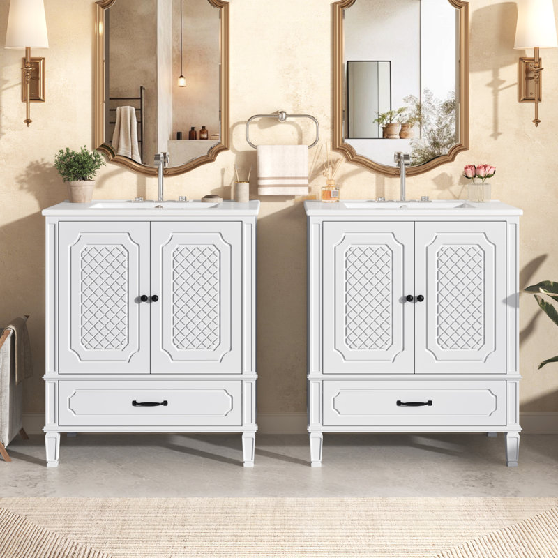Ensemble de meuble-lavabo 60 po avec lavabo double 60 po, 2 armoires avec porte et 2 tiroirs, gris, Blanc