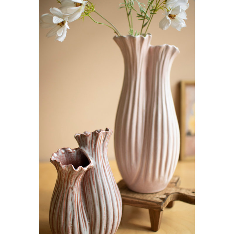  Ceramic Fluted Vase Set of 2 – Double Opening Tabletop Decor – 14.5" Tall