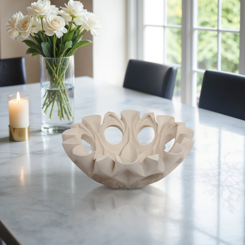 Decorative Bowl Polyresin Sculpted Petal Accents Openwork Carved Design Floral Motif Curved Rim Artistic Detailing Lightweight Durable Textured Surface Contemporary Decorative Home Accent Bowl