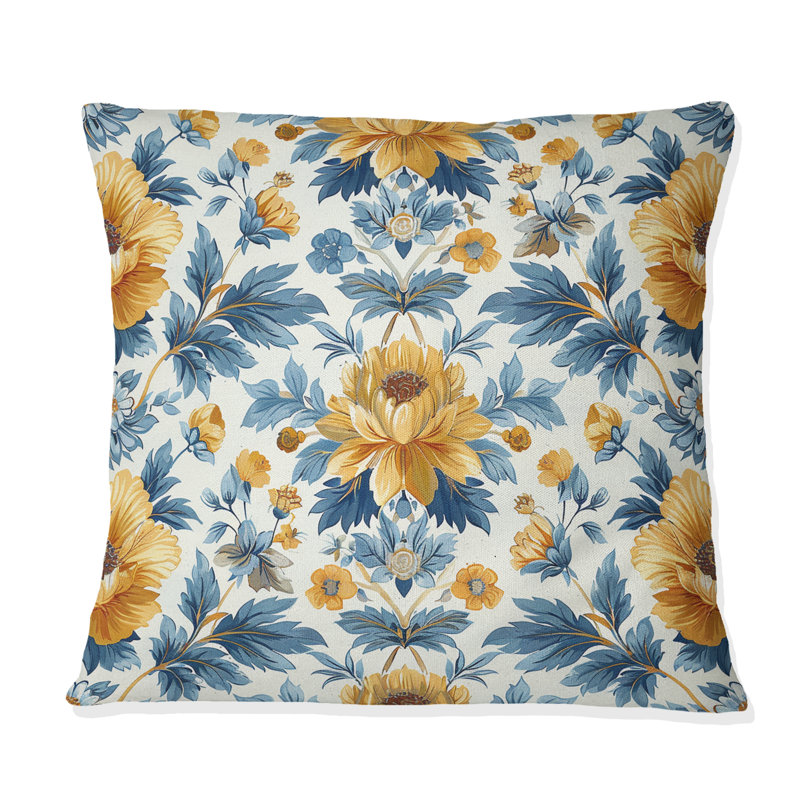 Motif de fleurs jaune et bleu I - Coussin Country, H 16 po x l 16 po, Carrée