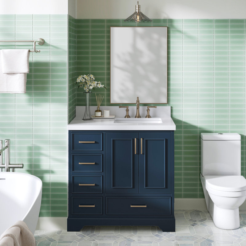 37'' Single Bathroom Vanity with White Quartz Top, Midnight Blue