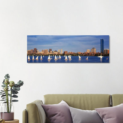 USA, Massachusetts, Boston, Charles River, View Of Boats On A River By A City - Wrapped Canvas Panoramic Print