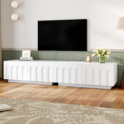 Elegant White Coffee Table And Tv Stand, Four Drawers For Storing Remote Controls Chargers, Arched Design On Drawer , Crafted From 80 - Inch Stand In White, Dual Function With 4 Storage Of Household