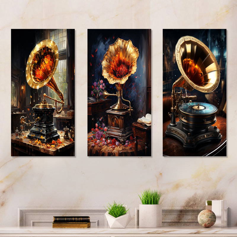 Gold Phonographs Elegance I - Phonographs Metal Art Print Set Of 3, 28" H x 36" W