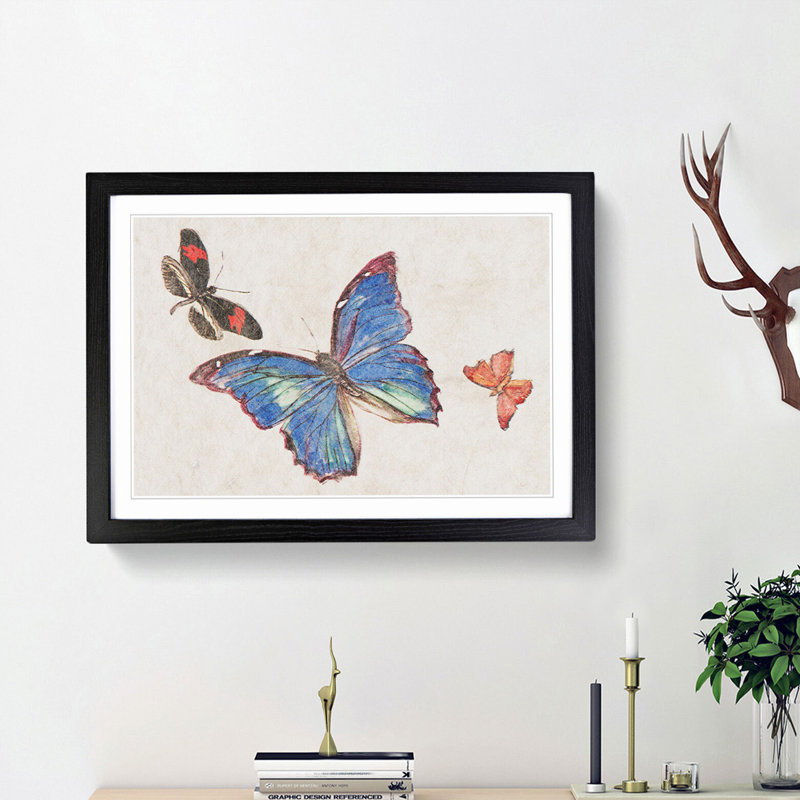 Three Butterflies by Fujishima Takeji - Picture Frame Painting Print, 36cm H x 48cm W x 2cm D, Black Framed