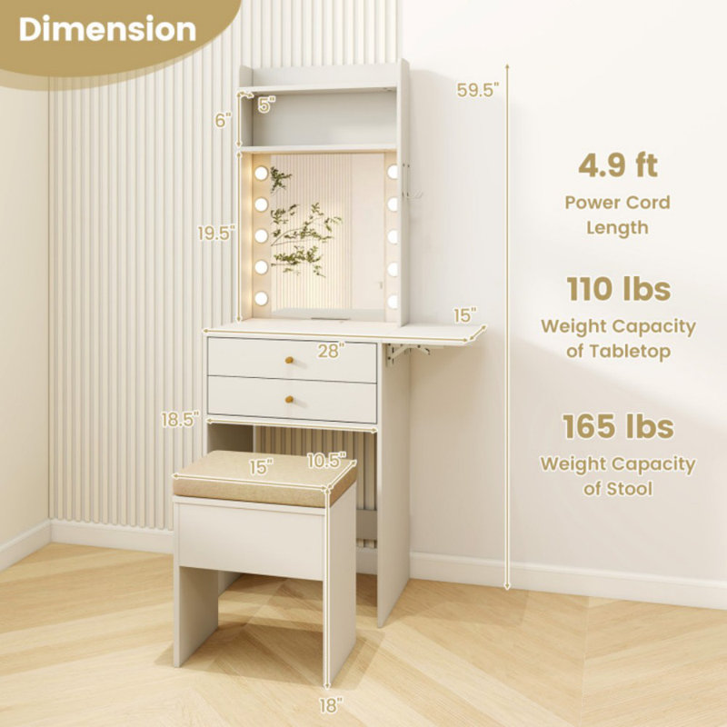 Compact Vanity Desk Set with 3-Color Lighted Mirror and Power Outlets