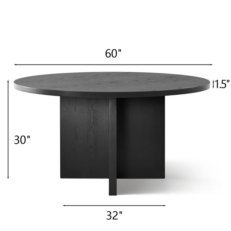 60 Inch White Oak Veneer Round Pedestal Dining Table, Matte Black
