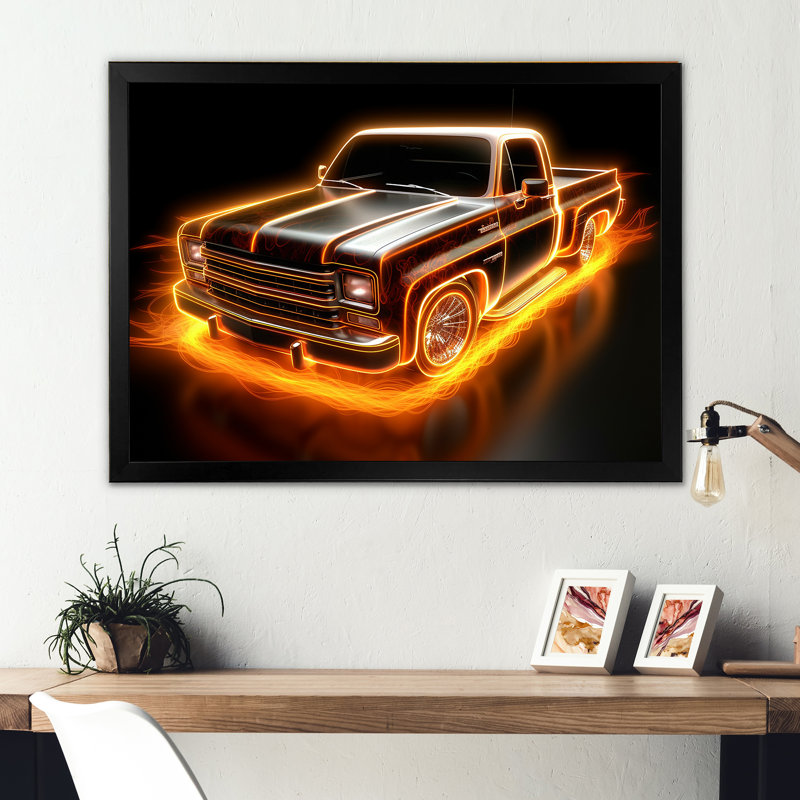 «Neon Light Strips», camionnette orange sur toile, H 24 po x l 32 po x P 1 po, Cadre simple noir