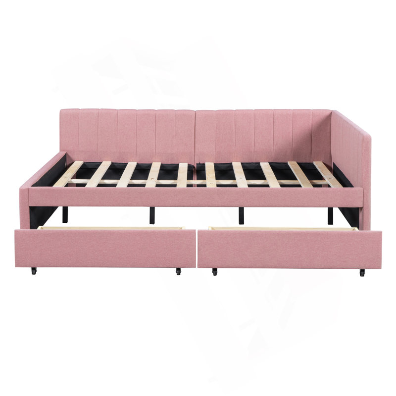 Full Size Upholstered Daybed With 2 Storage Drawers Sofa Bed Frame No Box Spring Needed, Linen Fabric, Pink