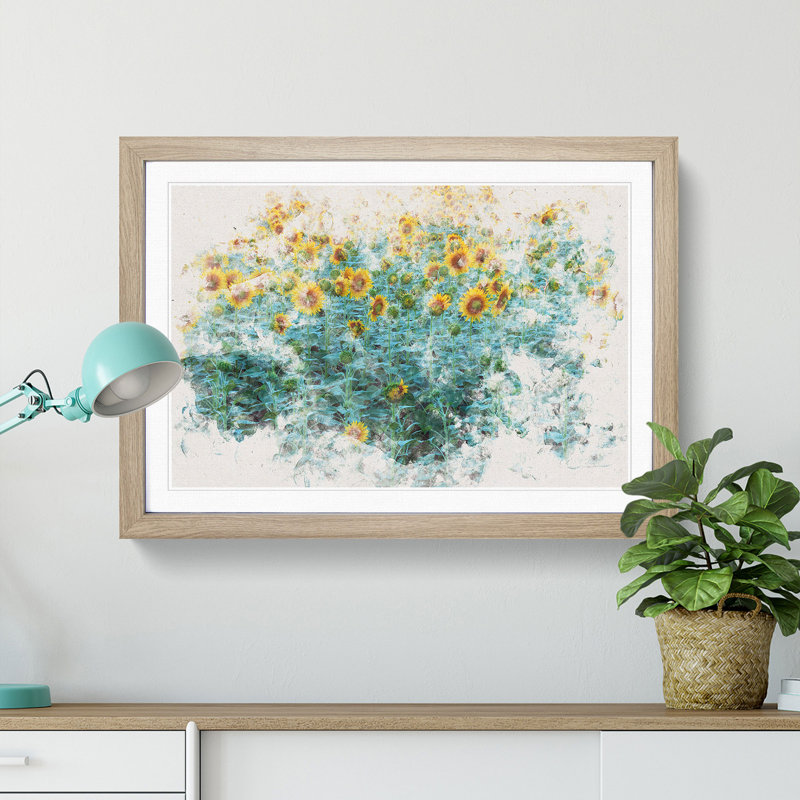 Sunflowers Soon To Bloom Watercolour - Single Picture Frame Print on MDF, Oak Framed, 45cm H x 63cm W x 2cm D