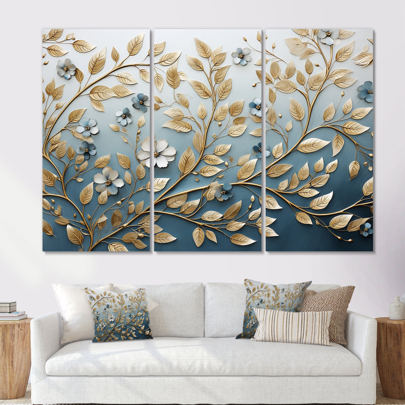 Minimalisme bleu et or, botanique, mélodie - ensemble d'art mural couronne, H 32 po x l 48 po x P 1 po, Toile tendue