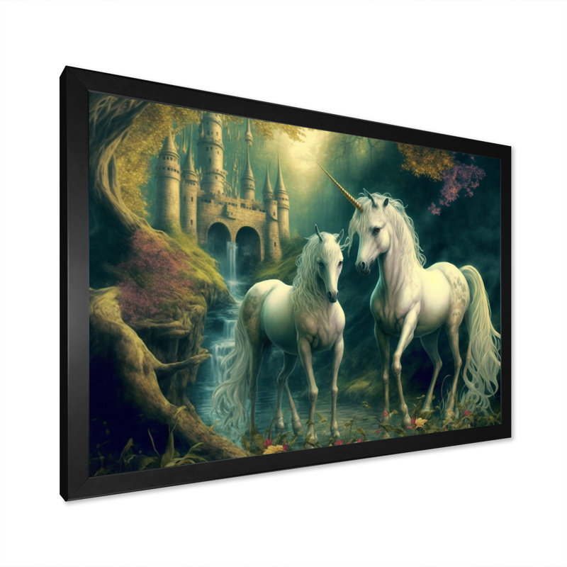 Deux gracieuses licornes dans un paysage fantastique - reproduction sur toile, Impression noire sur toile encadrée