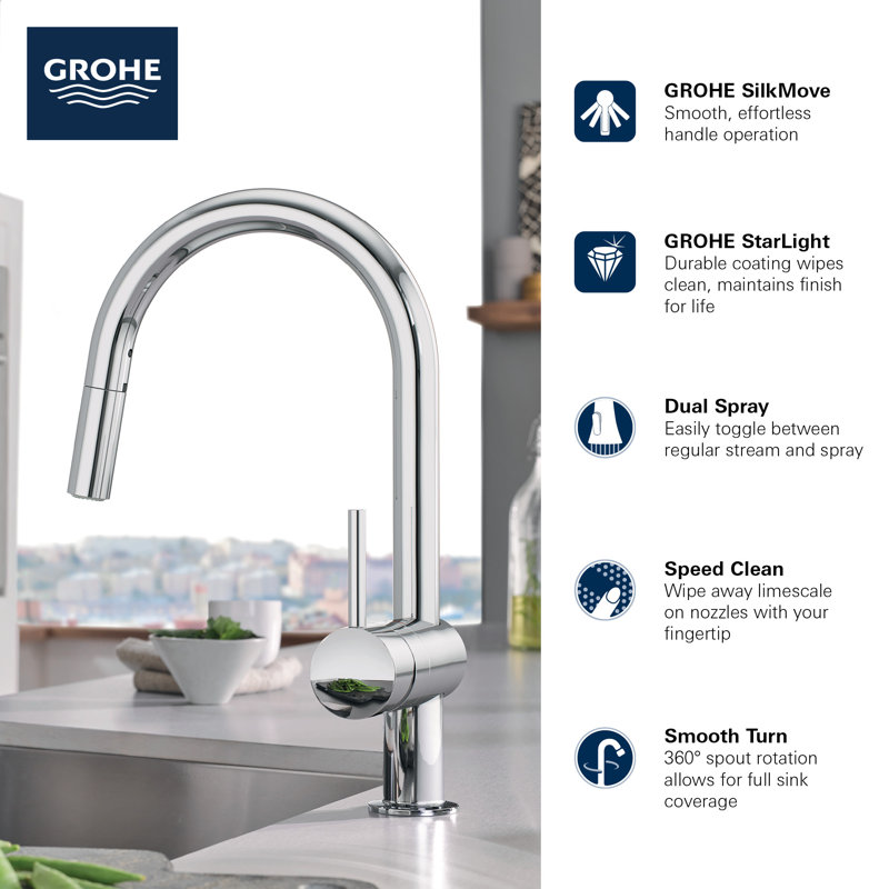 Minta® Pull Out Single Handle Kitchen Faucet, Starlight Chrome, No Sensor