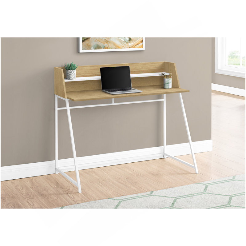 Bureau d'ordinateur, bureau personnel, ordinateur portable, tablettes de rangement, L 48 po, travail, stratifié naturel, métal blanc, contemporain, moderne