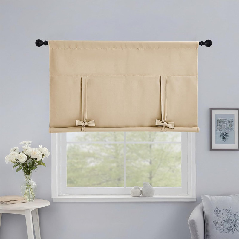 Blackout Thermal Insulated Short Curtain Tie Up Shade for Small Window, Window Valance Balloon Roman Blind (Rod Pocket 1 Panel)