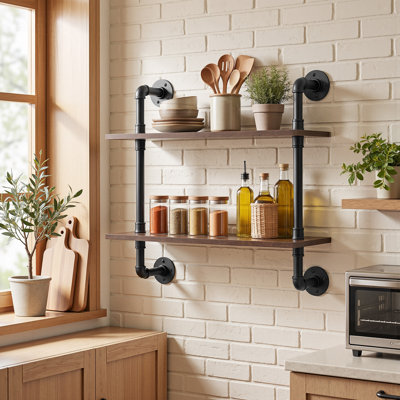2‑Tier Industrial Wall Shelves, Rustic Wood Wall Mounted Shelving Unit, Metal Pipe Wall Storage Shelf for Bedroom, Kitchen, Bathroom, Living Room, Hom