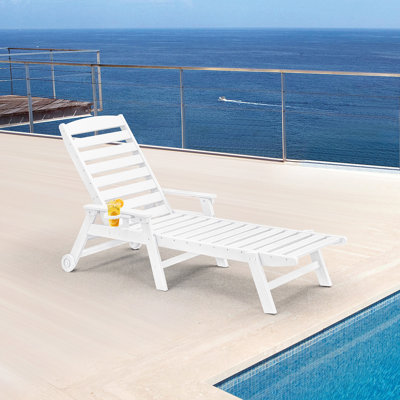 SeeHill HDPE Patio Chaise Lounge Chair, Adjustable Outdoor Lounger, 5 Positions Poly Lounge Chair with Wheels & Cup Holder, HDPE Outdoor Patio Lounge