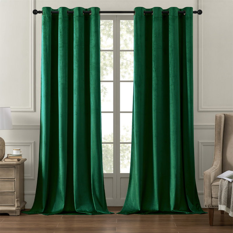 Deavion Velvet Solid Color Metal Grommets Room Darkening Curtain Panels, Dark Green, 52" W x 63" L
