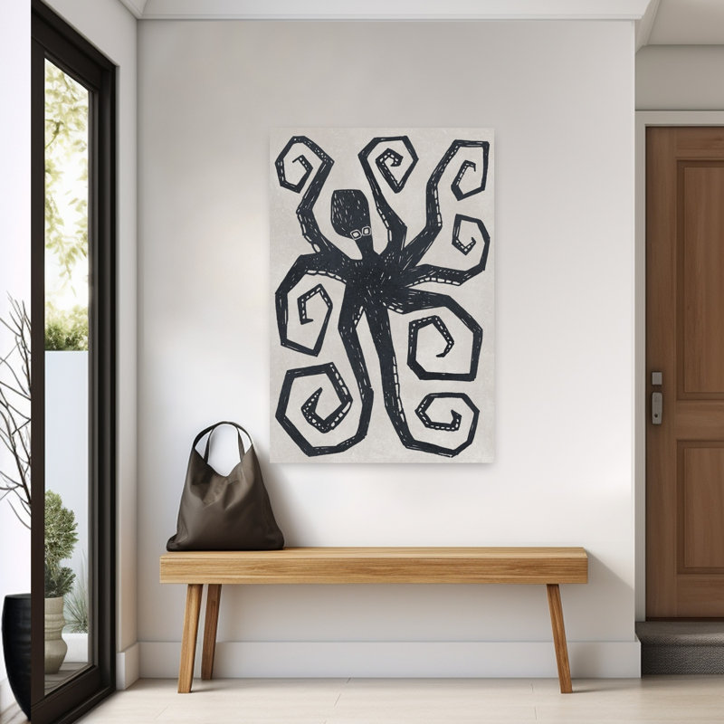 «Bold Black Octopus», impression abstraite audacieuse sur fond de pieuvre contemporaine, océan, 60" H x 40" W