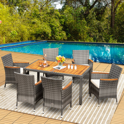 6 - Person Acacia Wicker Patio Dining Set with Rectangular Table , Cushions Included