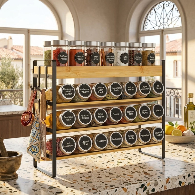 Elegant 4-Tier Bamboo Spice Rack Organizer with Hooks