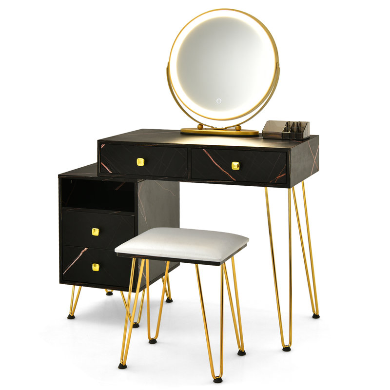 Vanity Table Stool Set with Mirror, Black/Gold