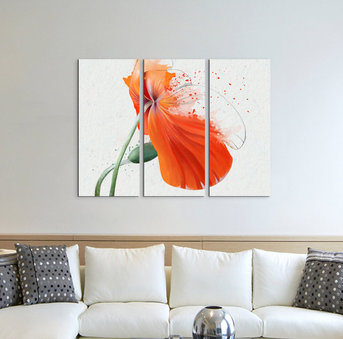 3-tlg. Leinwandbilder-Set Orange Mohnblumen im Splash Art Stil