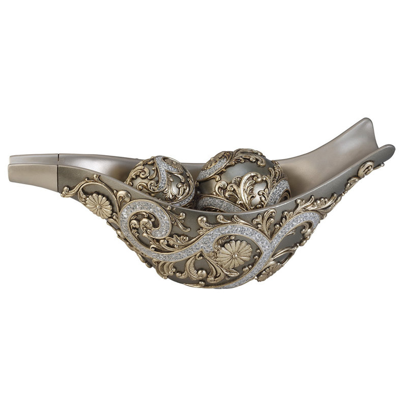 Bronze and Silver Polyresin Decorative Bowl with Orbs