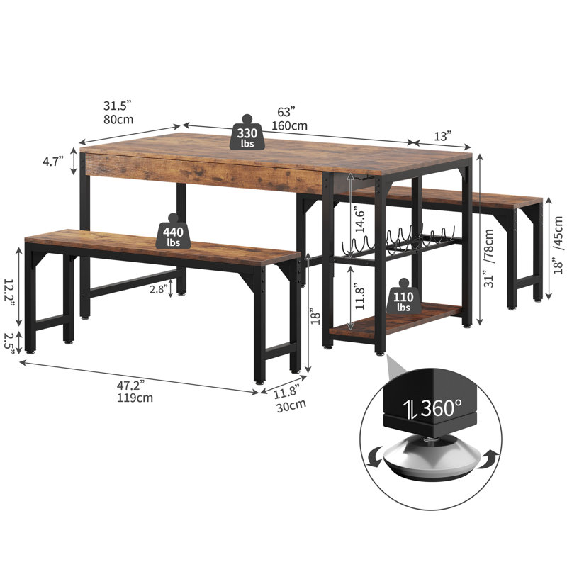 Paulsen 63'' 3 Piece Dining Table Set with 2 Bench & Wine Glass Holder