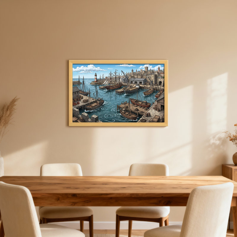 Port historique avec voiliers et bâtiments en pierre, 24" H x 36" W, Cadre photo unique, Light Wood Grain