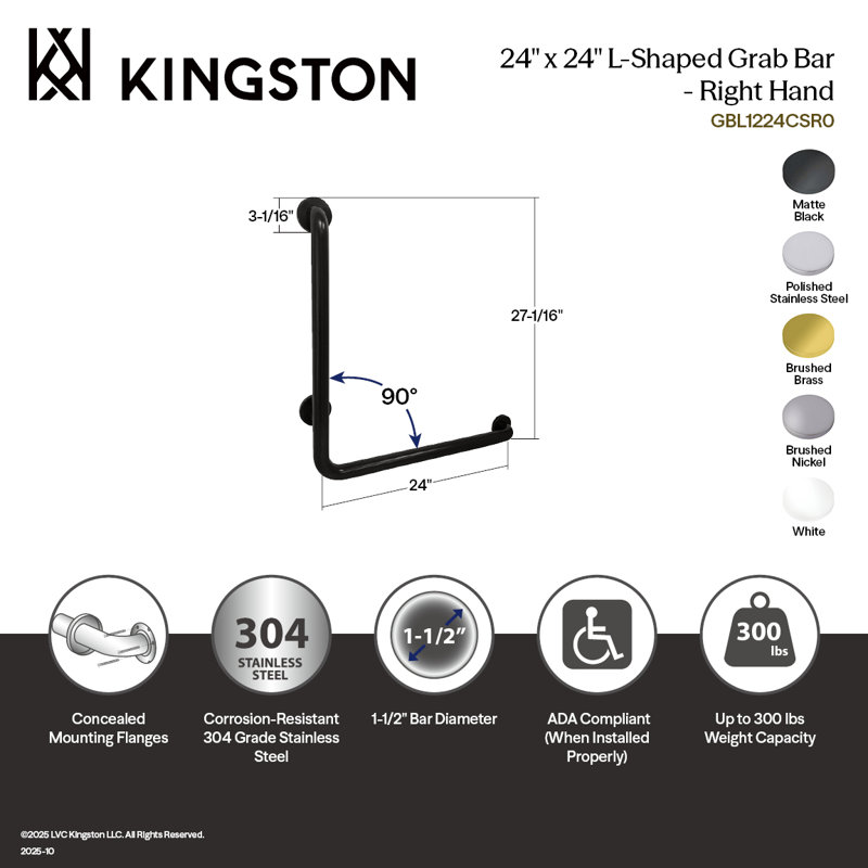 Kingston Brass Made To Match 24-Inch X 24-Inch L-Shaped Grab Bar, 1-1/2 Inch O.D, Right Hand, Brushed Brass