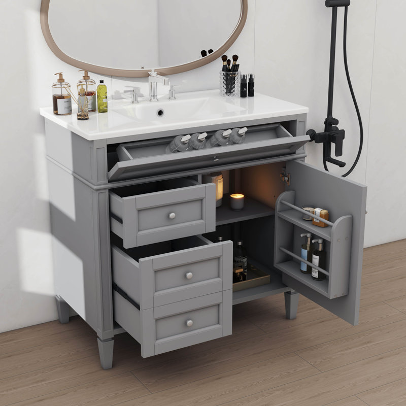 Meuble-lavabo contemporain de 36 po avec lavabo à montage sur le dessus et armoire de rangement contemporaine comprenant 2 tiroirs