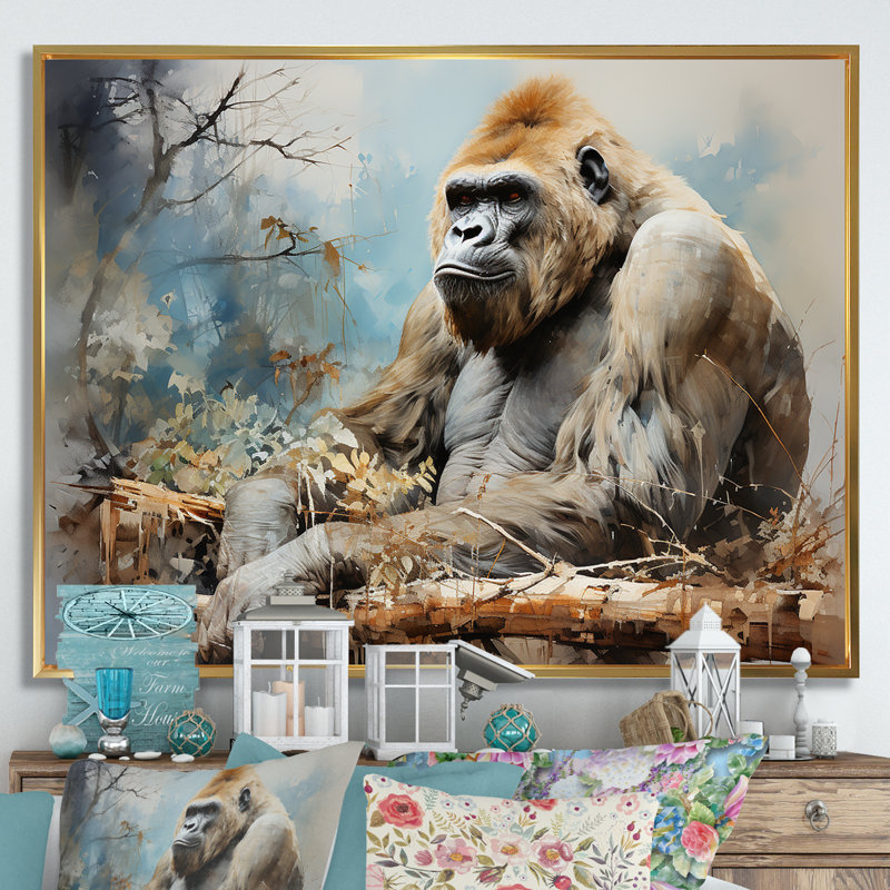 Gorillas Reverie - décoration murale gorille, Cadre flottant doré, H 16 po x l 32 po x P 1 po
