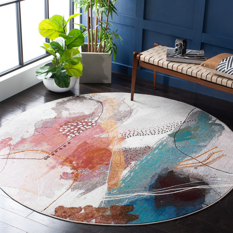 Papillon Abstract Gray/Blue/Pink Area Rug, Round 6'5"