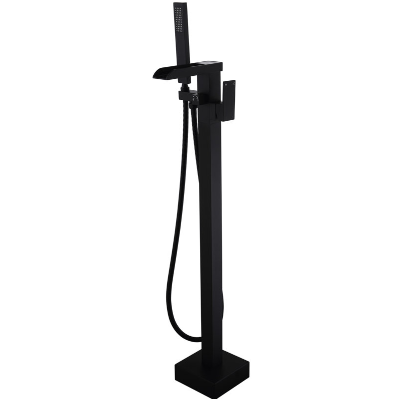Robinet de baignoire autoportant en noir mat - Douche à main incluse, fixation au sol, poignée simple et robinet de baignoire à fixation sur le comptoir