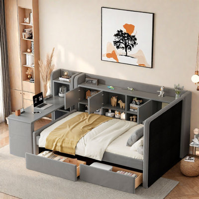 Lit de jour rembourré avec 2 tiroirs, tablettes de rangement, armoires rabattables et table d'appoint, rayures verticales