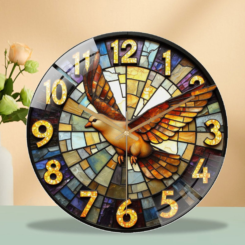 Horloge murale vitrail avec oiseau et art coloré - Horloge murale moderne en verre 12 po