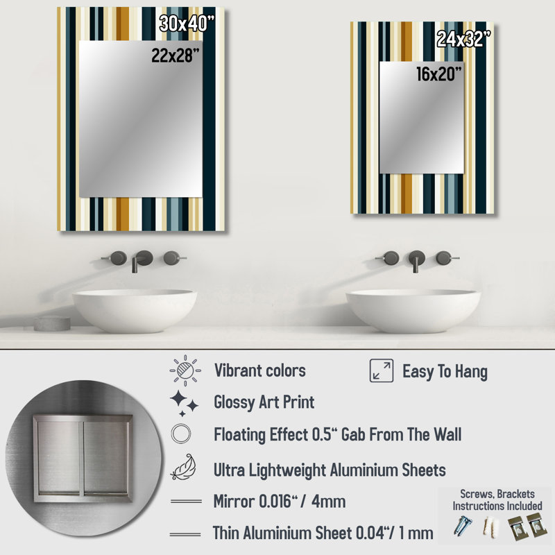 Koch Teal And Brown Classic Pinstripe Pattern - striped  Mirror, Vintage Decorative Wall Mirror, Printed Metal Art, 40" x 30"