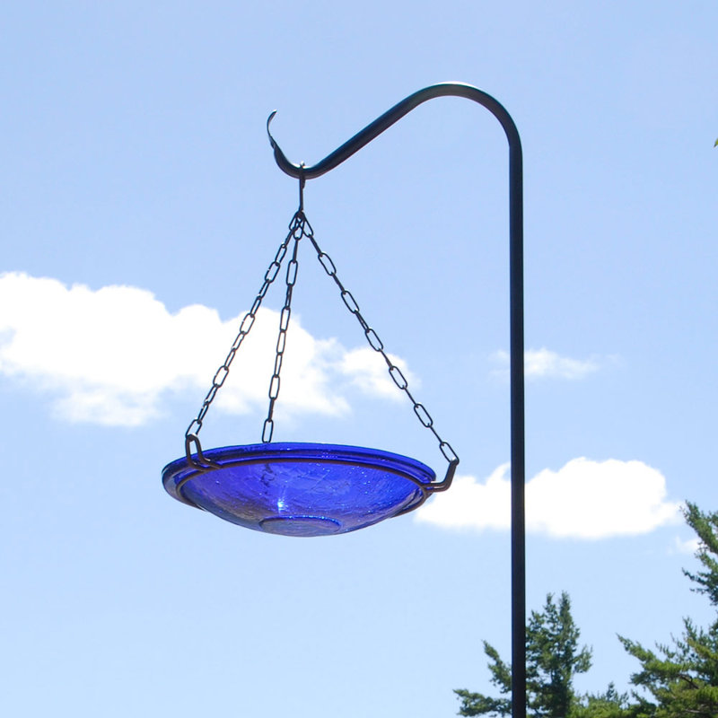 Cobalt Blue Crackle Glass Hanging Birdbath with Iron Chain