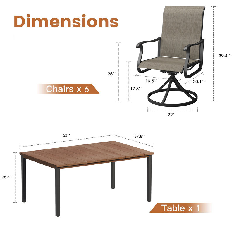 6-Person Outdoor Dining Set with 63"L Rectangular Dining Table and PVC-coated polyester Swivel Chairs, Brush Wood Brown/Brown