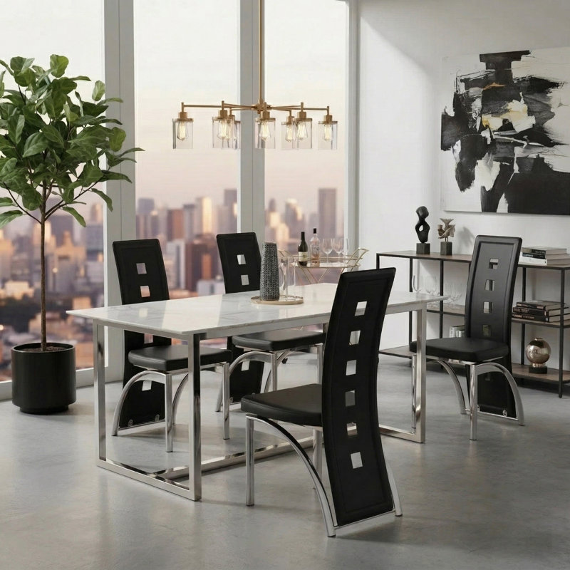 Modern Faux Leather Upholstered Dining Chair with Curved Metal Legs & Cut-out Back (Set of 4), Silver, Black, 4