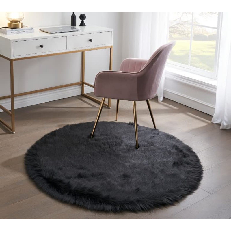 Tapis noir à poils longs Modern, Rond 6 pi