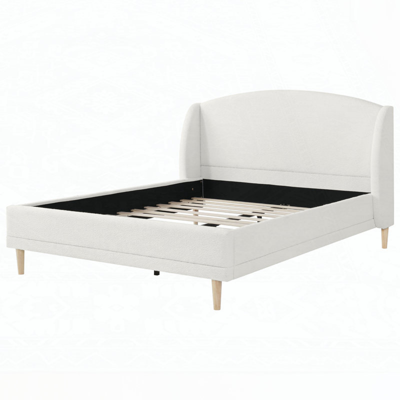 Upholstered Platform Bed Boucle Fabric and Wingback Headboard, Queen